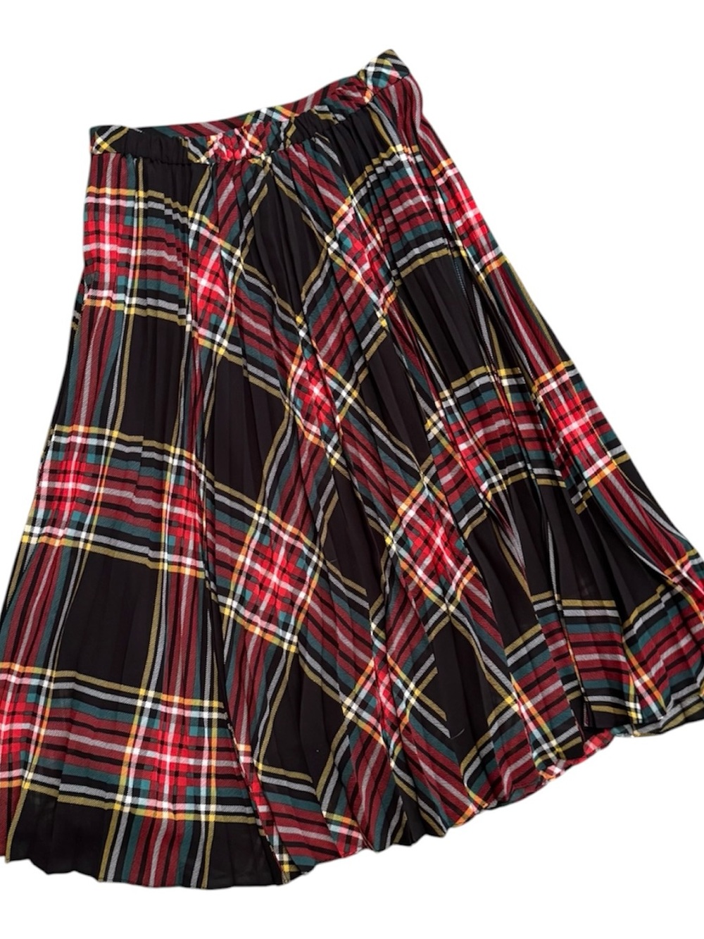 J. Crew Black Plaid Pleated Midi Skirt with Red & Yellow Accents NWT 650 - Picture 2 of 5